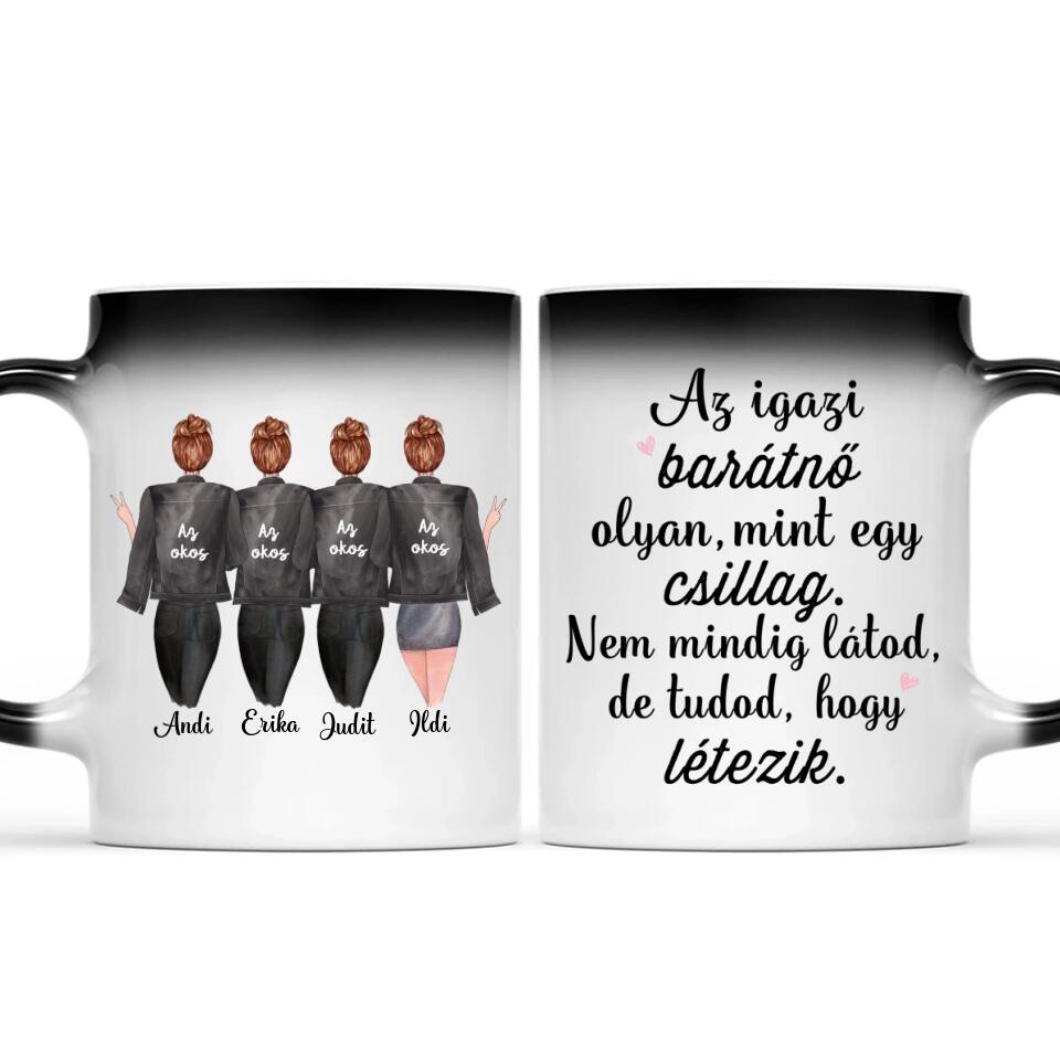 Egyedi barátnős bögre - 4 lány fekete dzsekivel