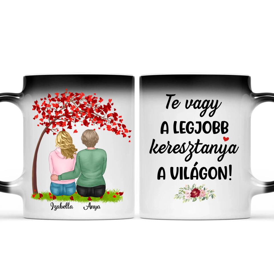 Egyedi bögre keresztanyáknak - lányok a fa alatt