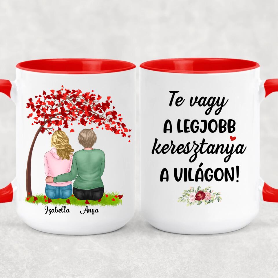 Egyedi bögre keresztanyáknak - lányok a fa alatt