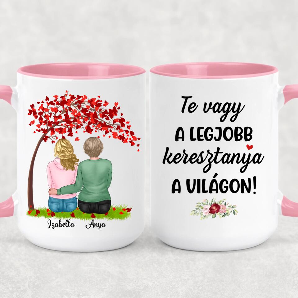 Egyedi bögre keresztanyáknak - lányok a fa alatt