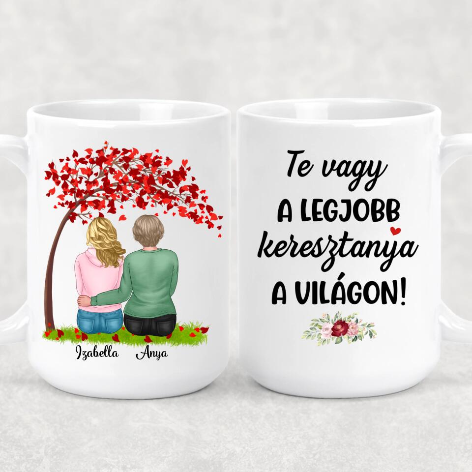 Egyedi bögre keresztanyáknak - lányok a fa alatt