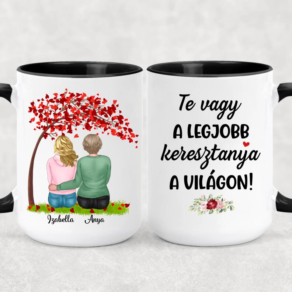 Egyedi bögre keresztanyáknak - lányok a fa alatt