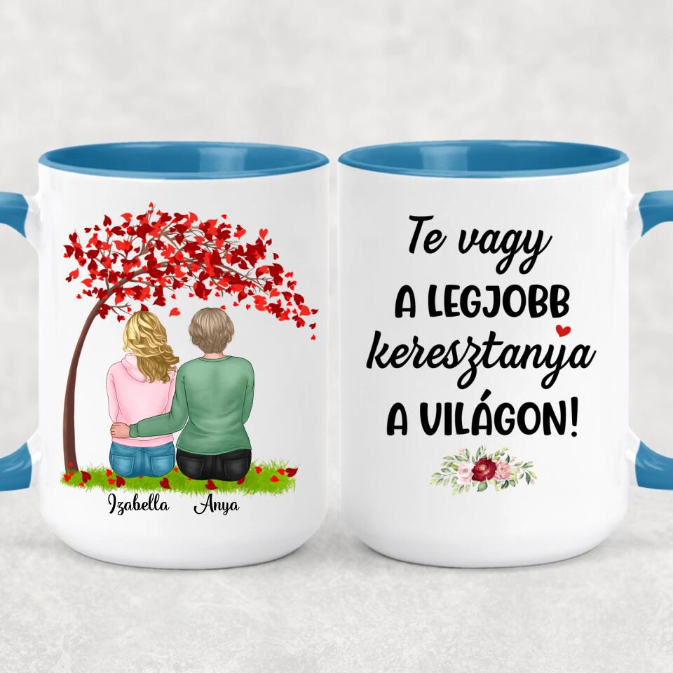 Egyedi bögre keresztanyáknak - lányok a fa alatt