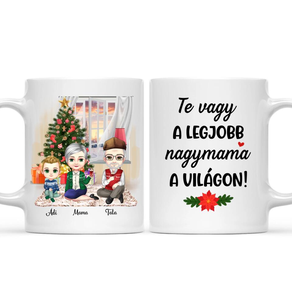 Egyedi karácsonyi bögre nagyszülőknek, chibi karakterekkel