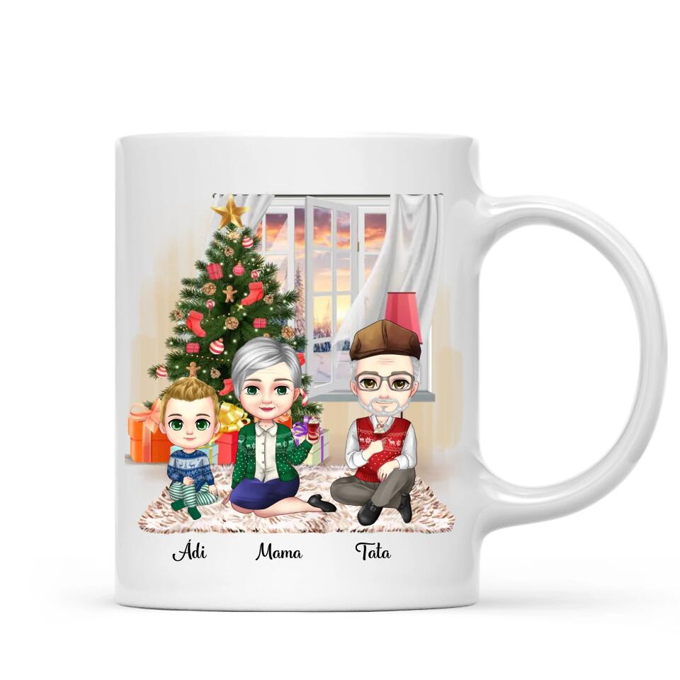 Egyedi karácsonyi bögre nagyszülőknek, chibi karakterekkel