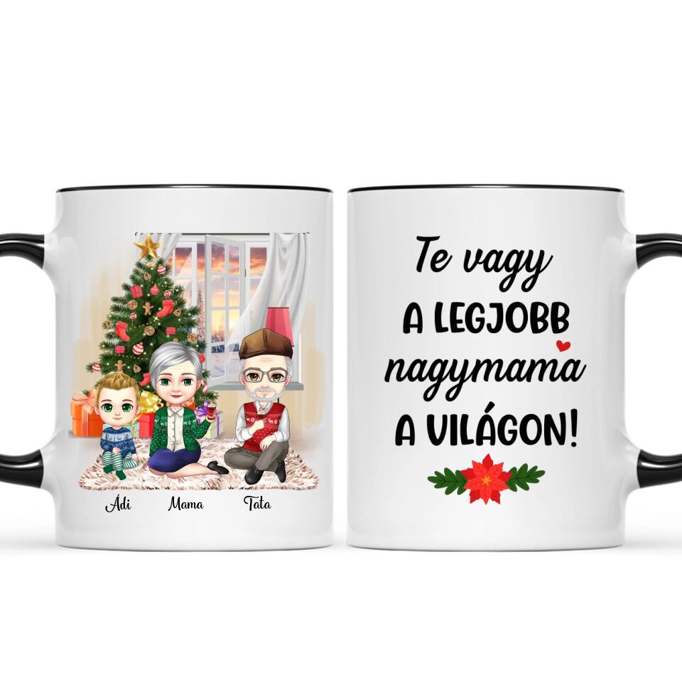 Egyedi karácsonyi bögre nagyszülőknek, chibi karakterekkel