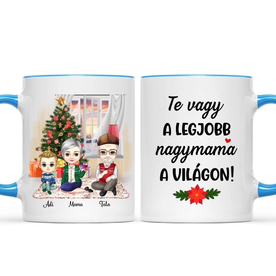 Egyedi karácsonyi bögre nagyszülőknek, chibi karakterekkel