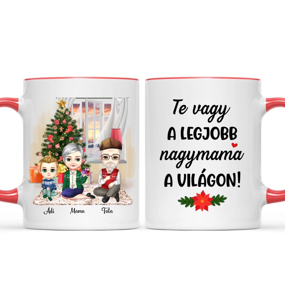 Egyedi karácsonyi bögre nagyszülőknek, chibi karakterekkel