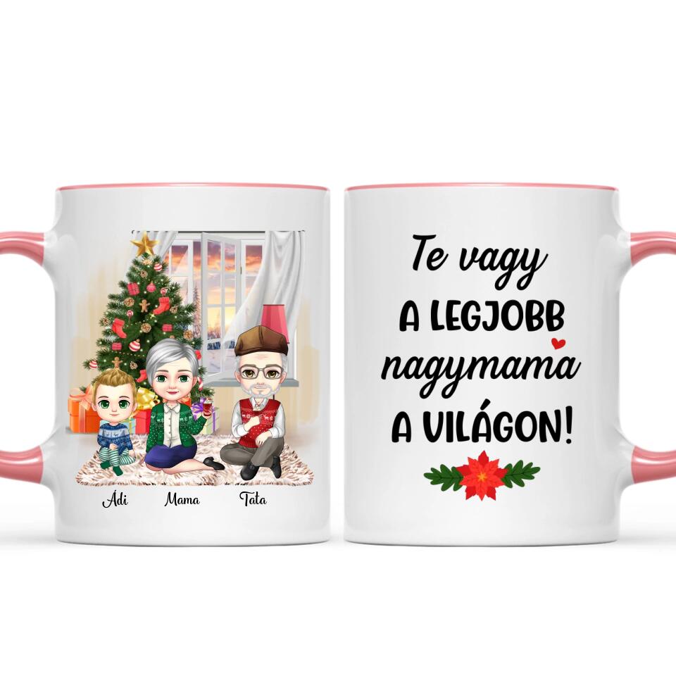 Egyedi karácsonyi bögre nagyszülőknek, chibi karakterekkel