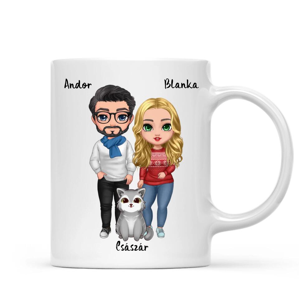 Egyedi karácsonyi cicás bögre - szerelmespár és macskák