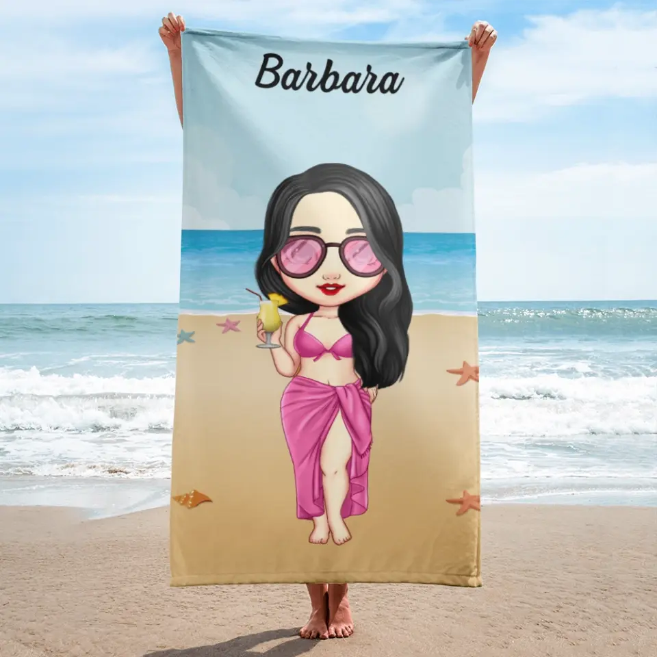 Egyedi strandtörölköző chibi lánnyal - a tengerparton
