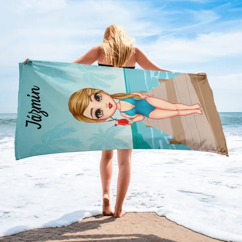 Egyedi strandtörölköző chibi lánnyal - a tengerparton