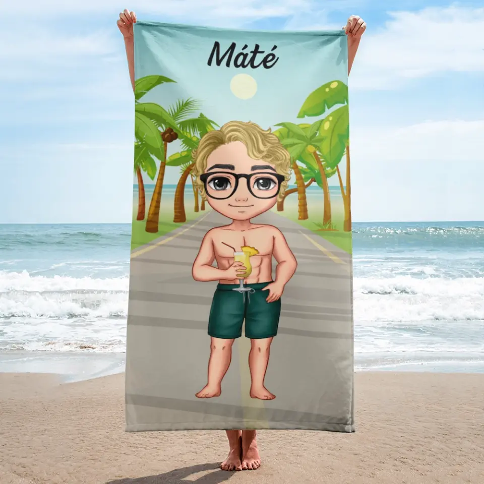 Egyedi strandtörölköző chibi fiúval - a tengerparton