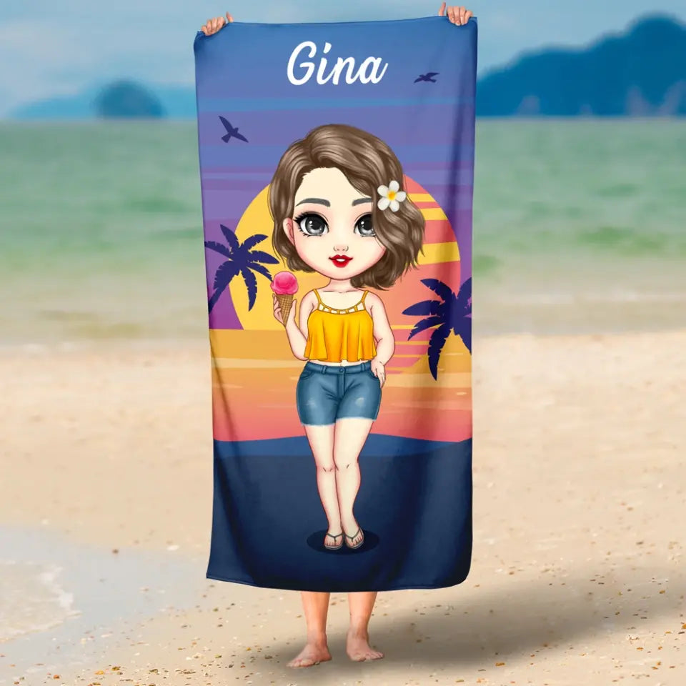 Egyedi strandtörölköző chibi lánnyal - mediterrán naplemente