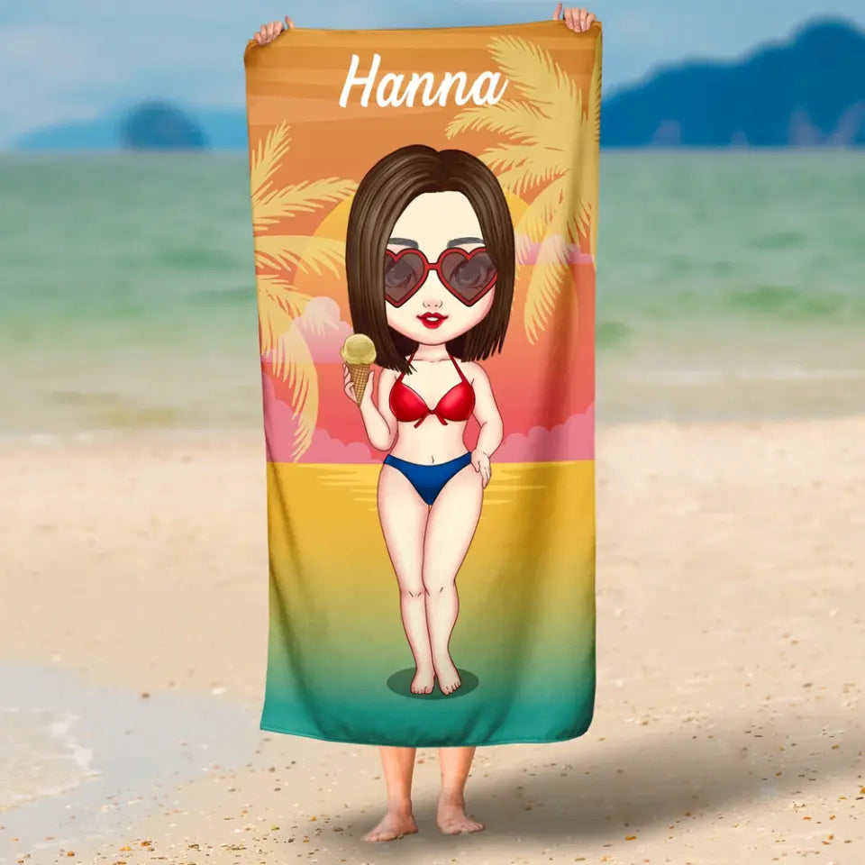 Egyedi strandtörölköző chibi lánnyal - mediterrán naplemente
