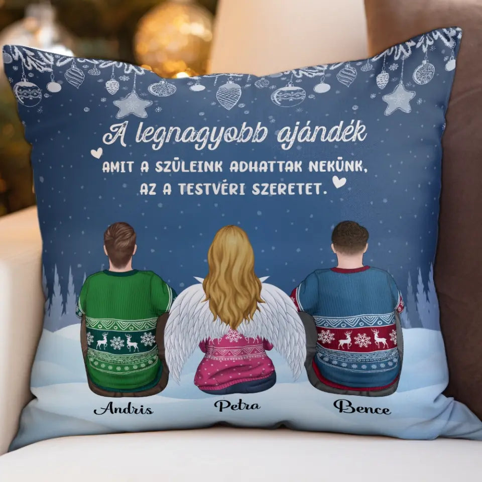 Egyedi karácsonyi párna testvéreknek, akár 5 karakterrel