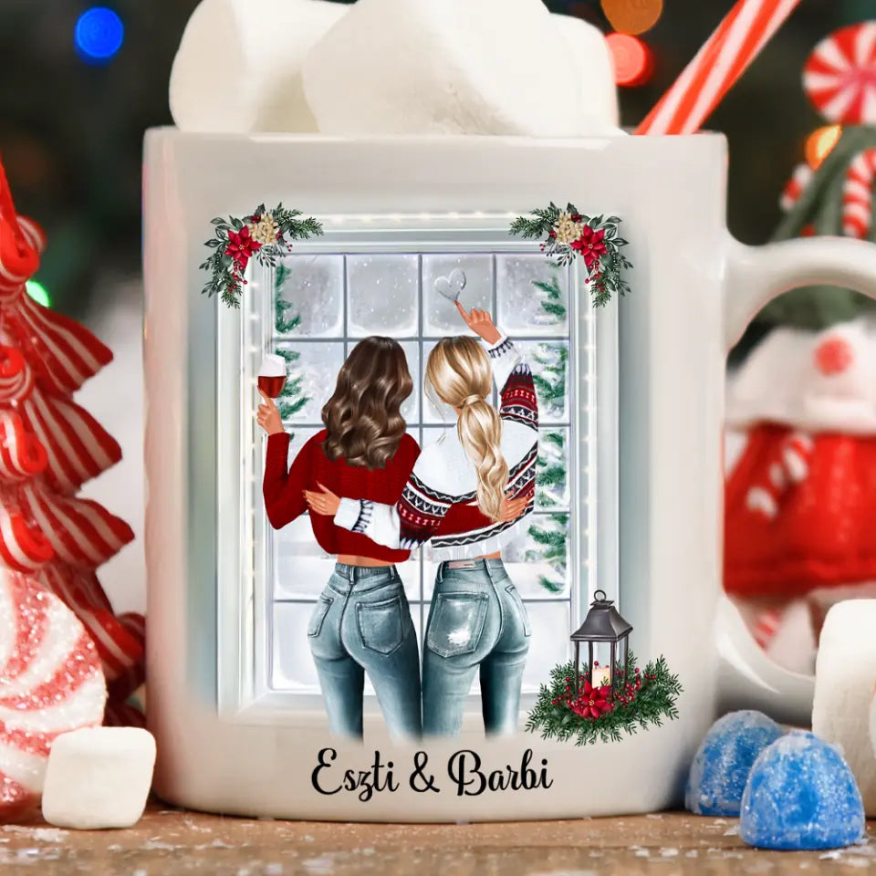 Egyedi karácsonyi bögre barátnőknek - lányok pulcsiban