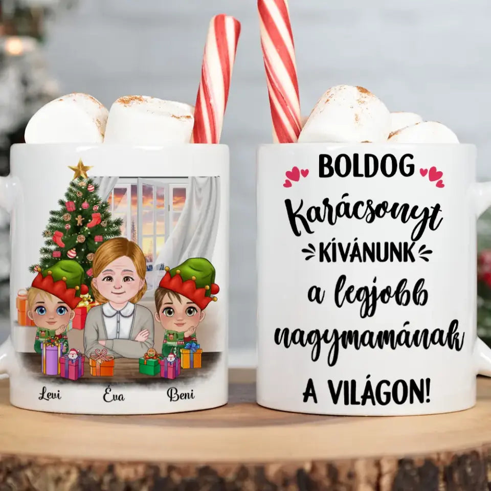 Egyedi karácsonyi bögre nagymamáknak, akár 3 unokával