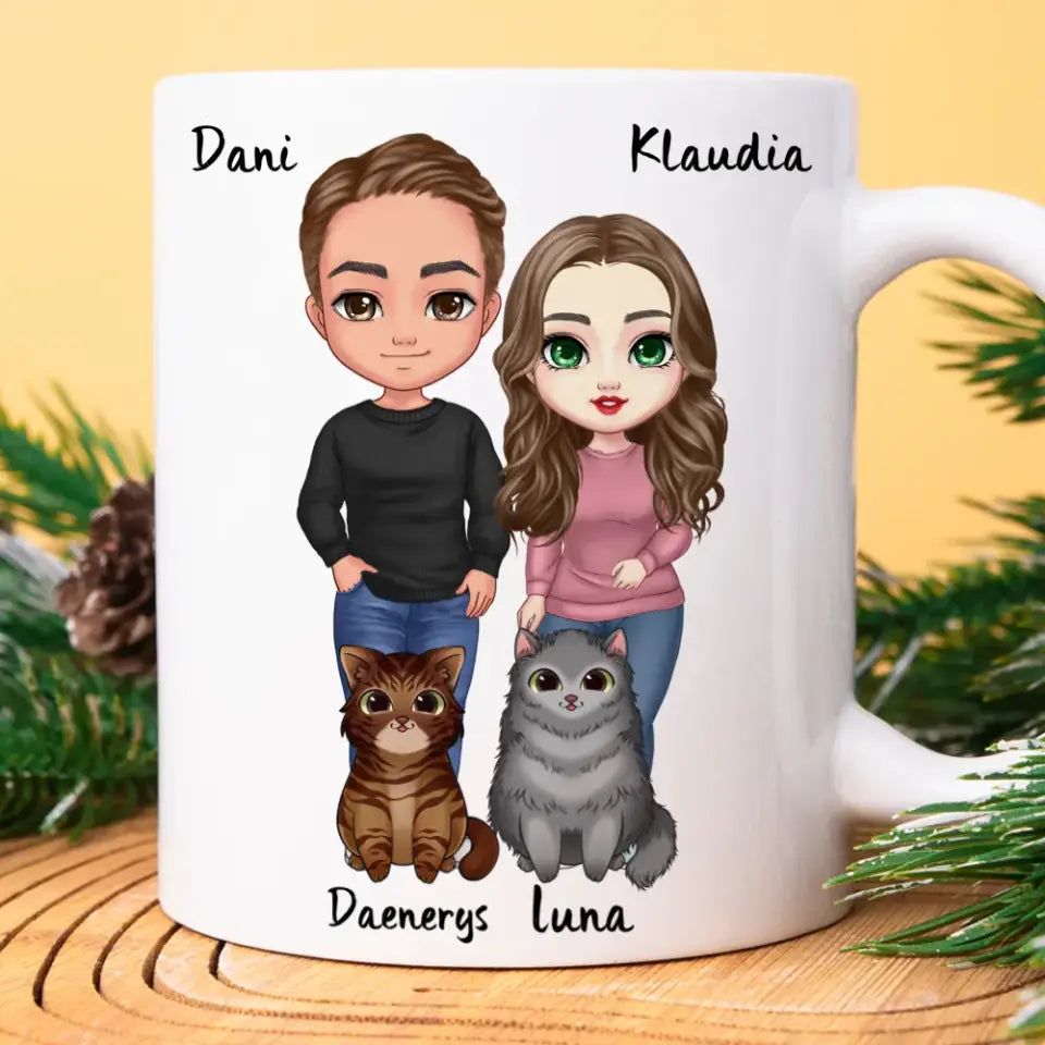 Egyedi karácsonyi cicás bögre - szerelmespár és macskák