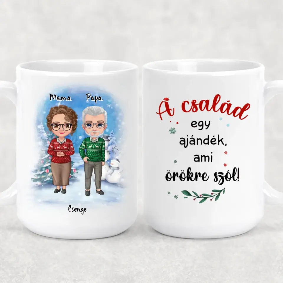 Egyedi karácsonyi, családi bögre nagyszülőknek - akár 4 unokával