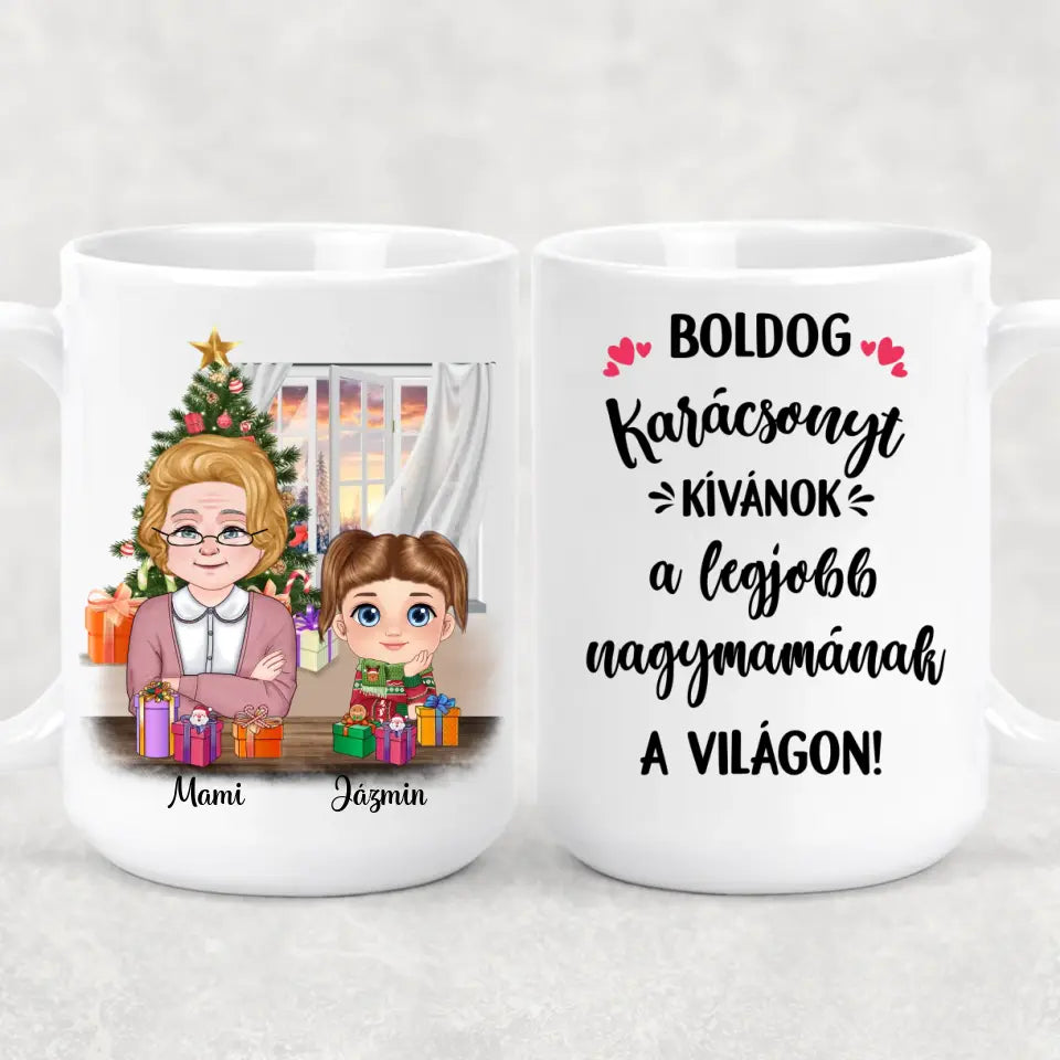Egyedi karácsonyi bögre nagymamáknak, akár 3 unokával