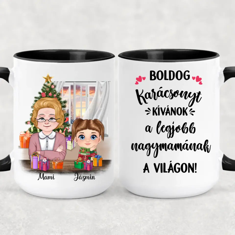 Egyedi karácsonyi bögre nagymamáknak, akár 3 unokával