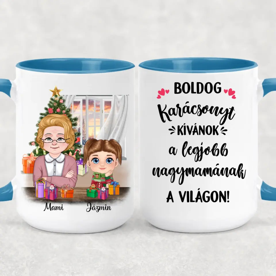 Egyedi karácsonyi bögre nagymamáknak, akár 3 unokával