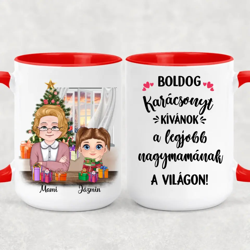 Egyedi karácsonyi bögre nagymamáknak, akár 3 unokával