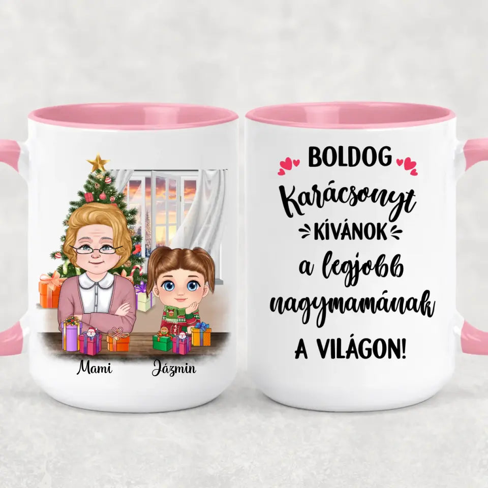 Egyedi karácsonyi bögre nagymamáknak, akár 3 unokával
