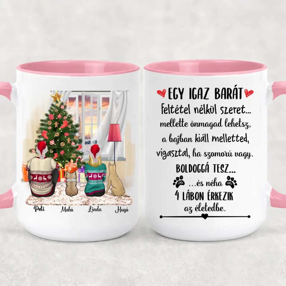Egyedi kutyás karácsonyi bögre - szerelmespár &amp; 2 kutyus
