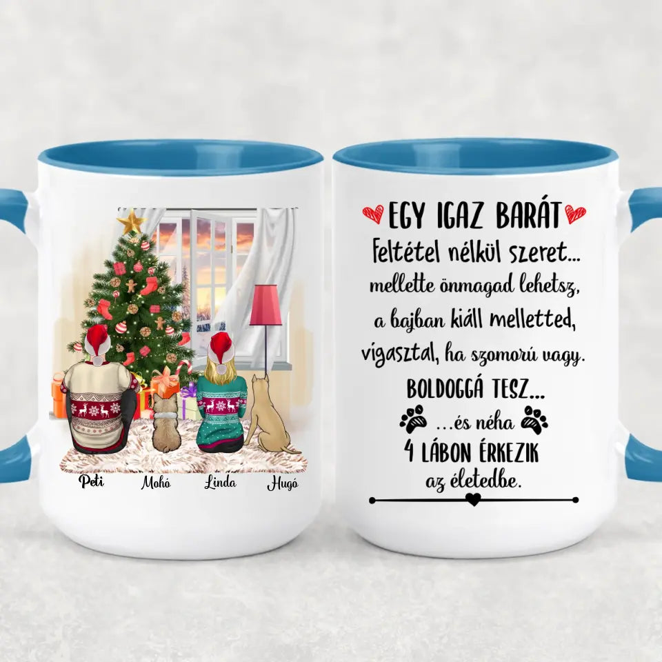 Egyedi kutyás karácsonyi bögre - szerelmespár &amp; 2 kutyus