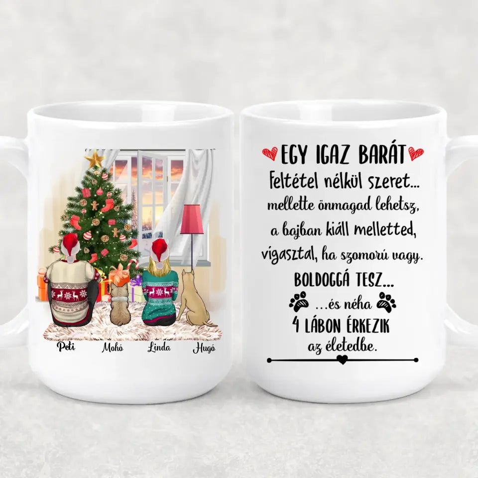 Egyedi kutyás karácsonyi bögre - szerelmespár &amp; 2 kutyus