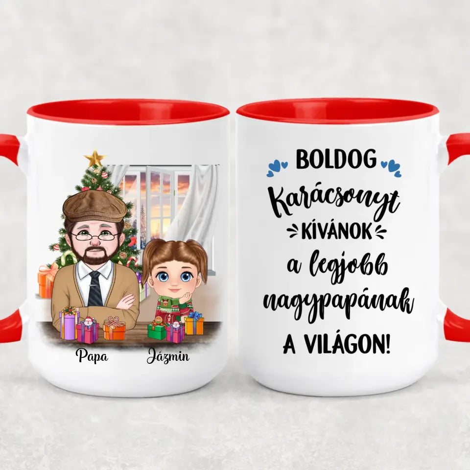 Egyedi karácsonyi bögre nagypapáknak, akár 3 unokával