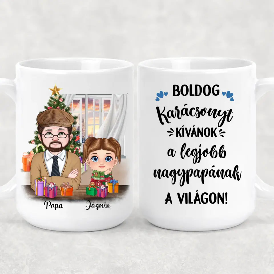 Egyedi karácsonyi bögre nagypapáknak, akár 3 unokával