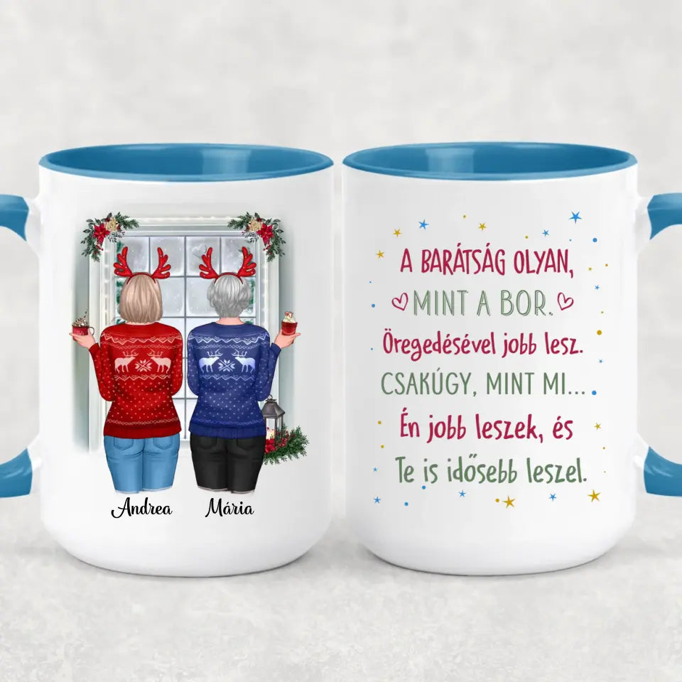 Egyedi karácsonyi bögre barátnőknek - lányok az ablaknál