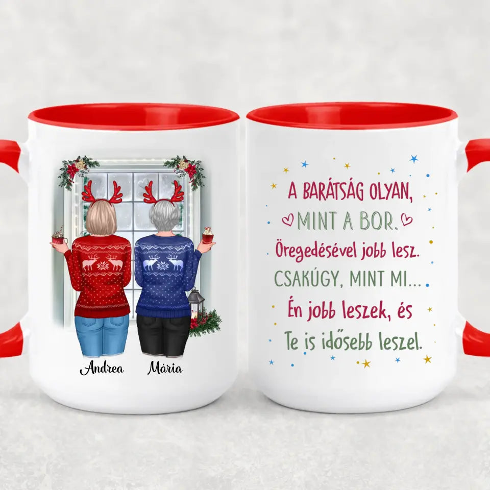 Egyedi karácsonyi bögre barátnőknek - lányok az ablaknál