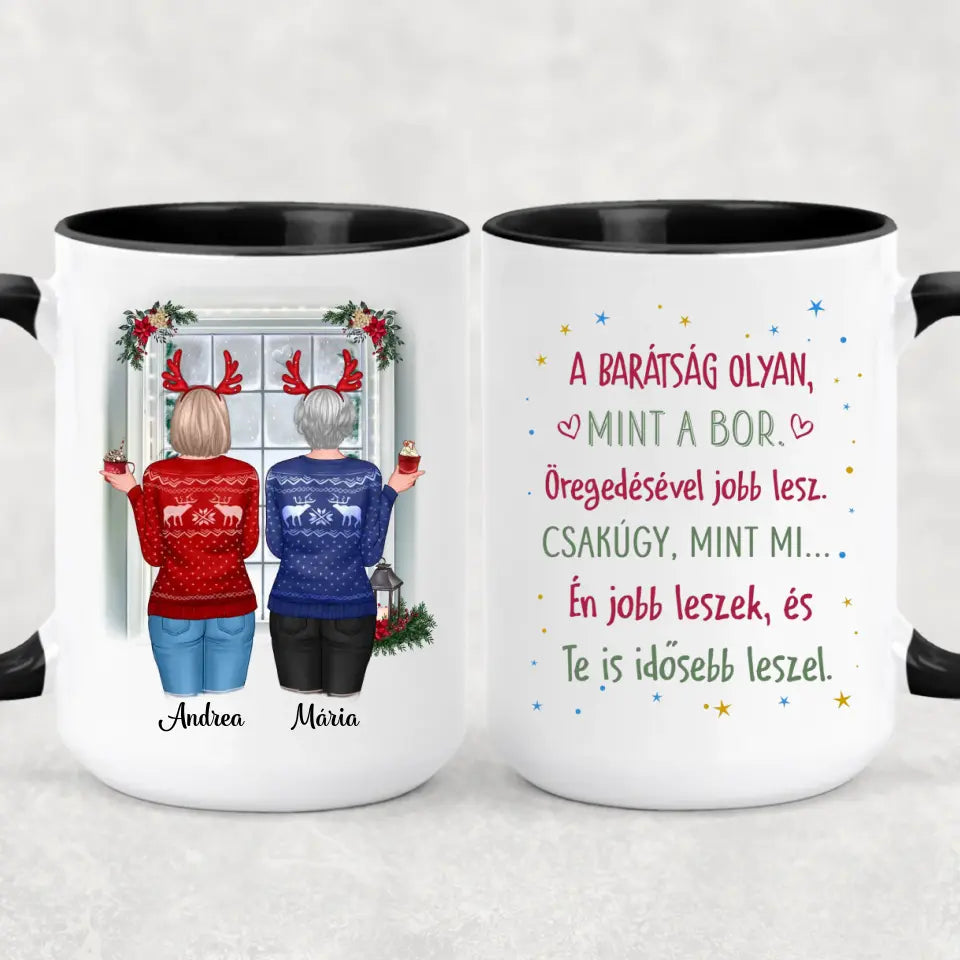 Egyedi karácsonyi bögre barátnőknek - lányok az ablaknál