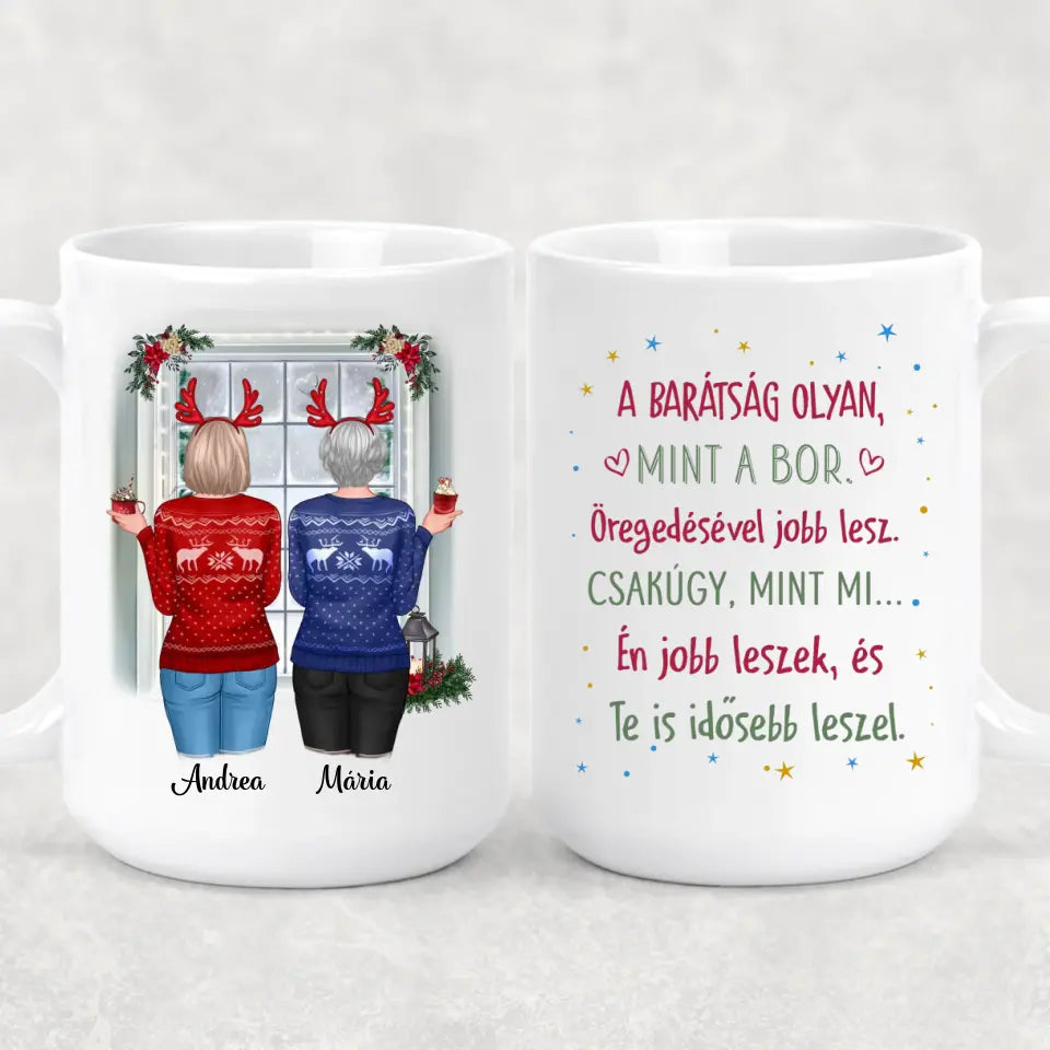 Egyedi karácsonyi bögre barátnőknek - lányok az ablaknál