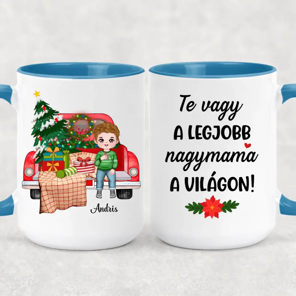 Egyedi karácsonyi bögre nagyszülőknek, akár 4 unokával - gyerekek az autón
