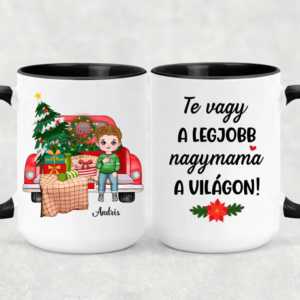 Egyedi karácsonyi bögre nagyszülőknek, akár 4 unokával - gyerekek az autón