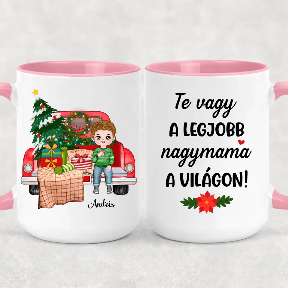 Egyedi karácsonyi bögre nagyszülőknek, akár 4 unokával - gyerekek az autón