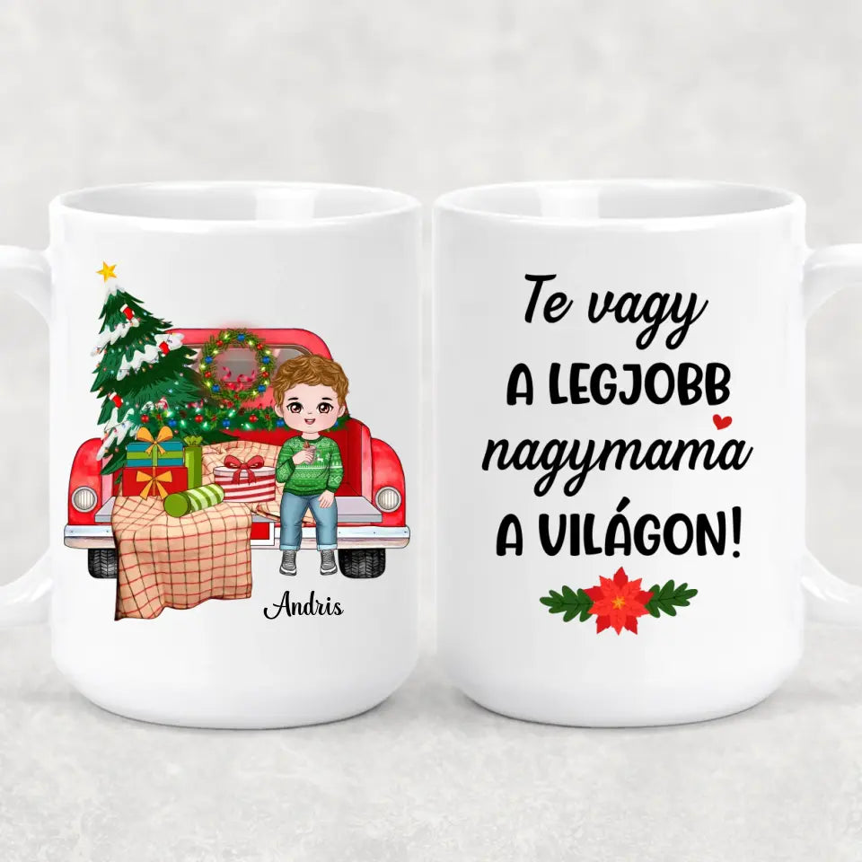 Egyedi karácsonyi bögre nagyszülőknek, akár 4 unokával - gyerekek az autón