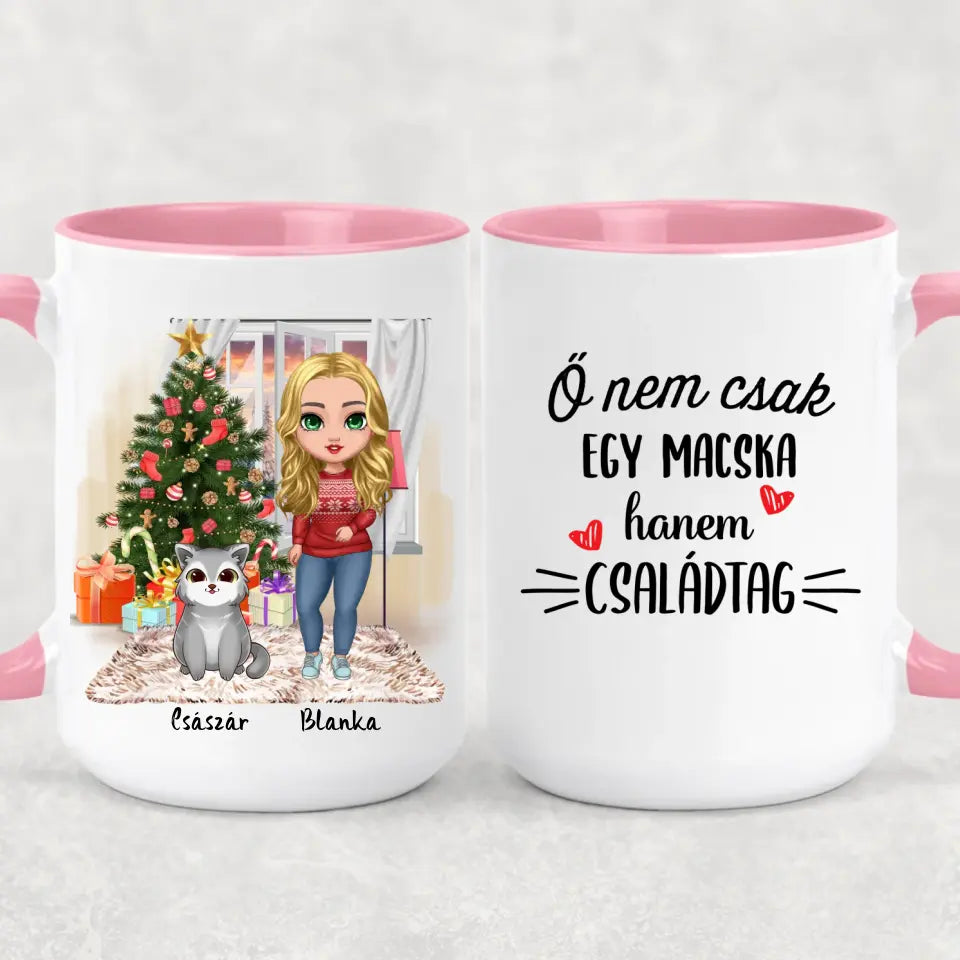 Egyedi karácsonyi cicás bögre - lány macskákkal