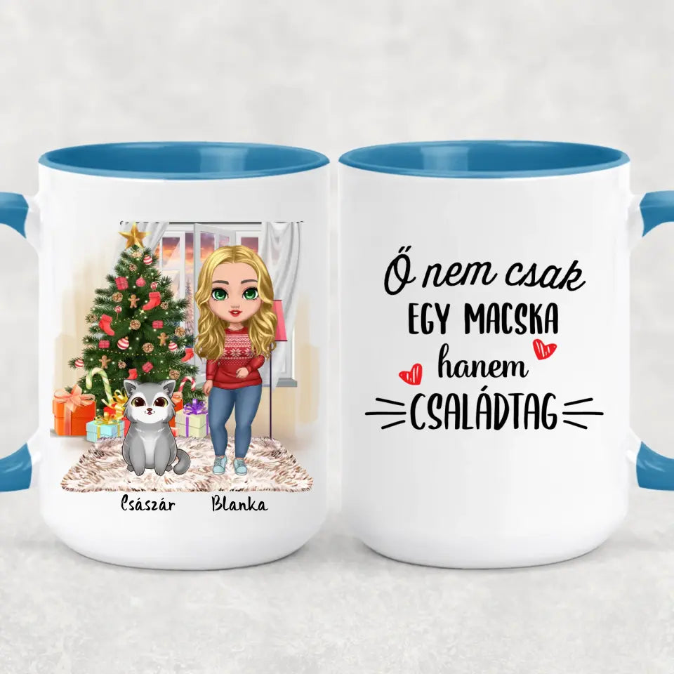 Egyedi karácsonyi cicás bögre - lány macskákkal