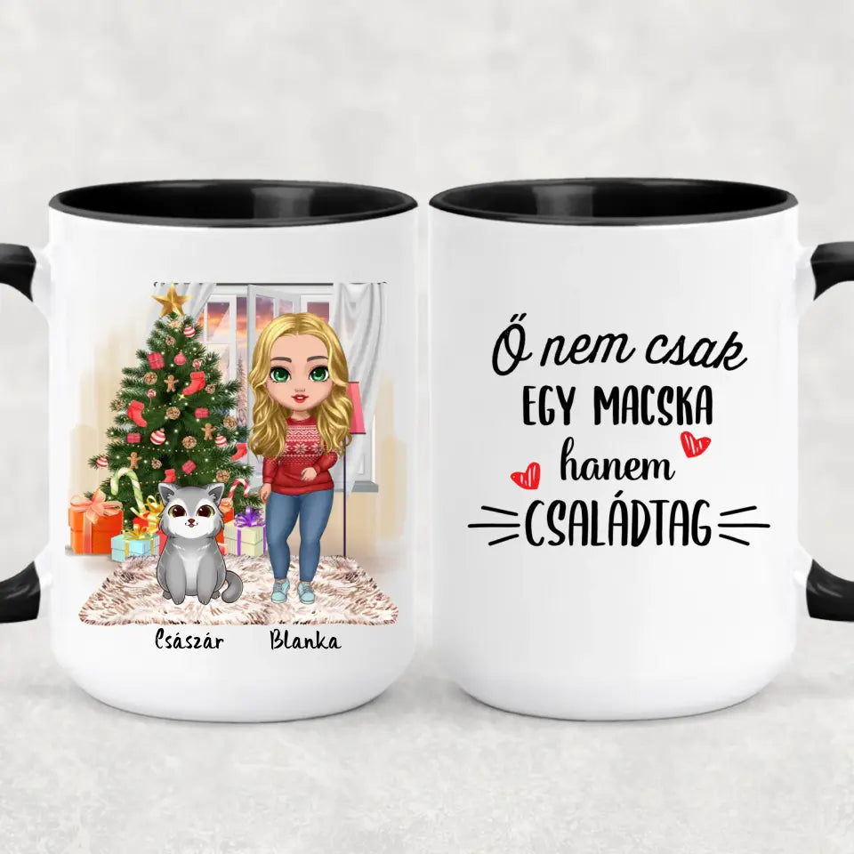 Egyedi karácsonyi cicás bögre - lány macskákkal