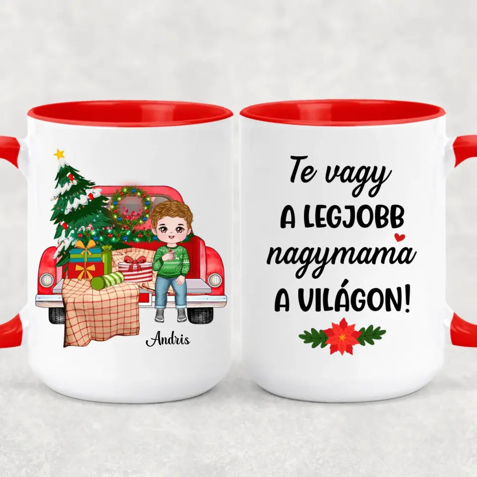 Egyedi karácsonyi bögre nagyszülőknek, akár 4 unokával - gyerekek az autón