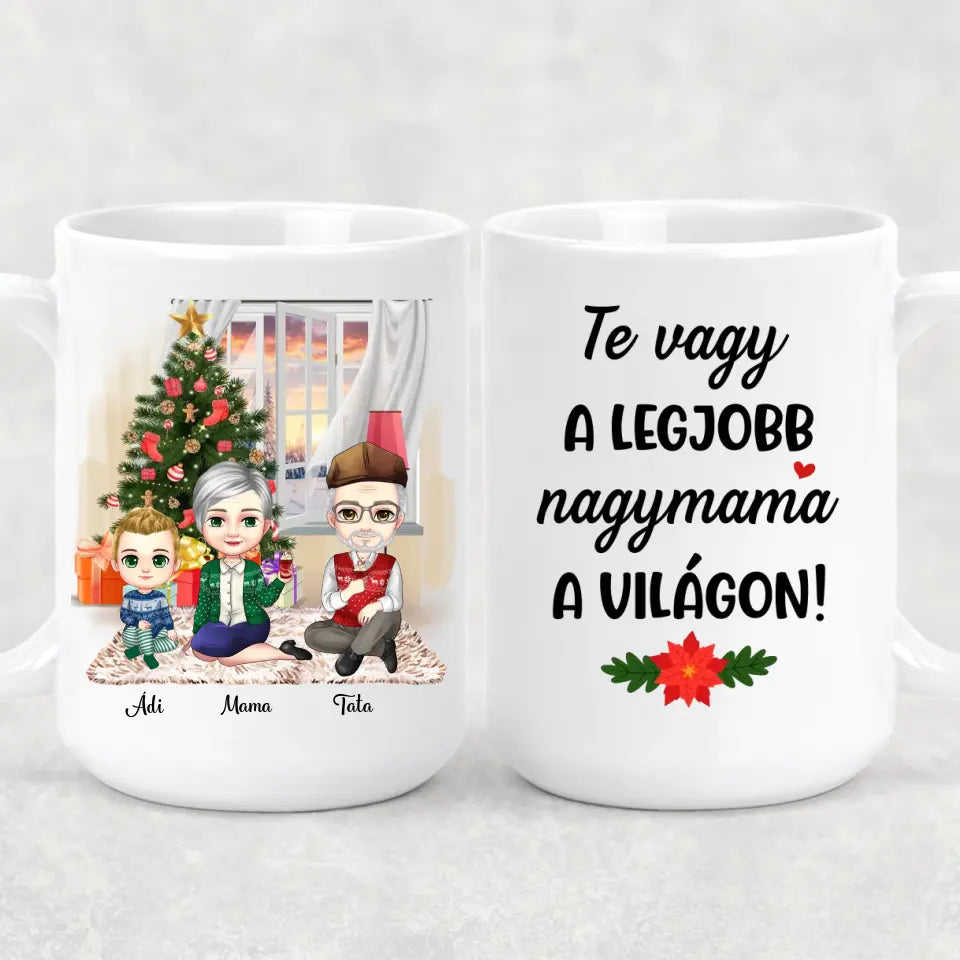 Egyedi karácsonyi bögre nagyszülőknek, chibi karakterekkel