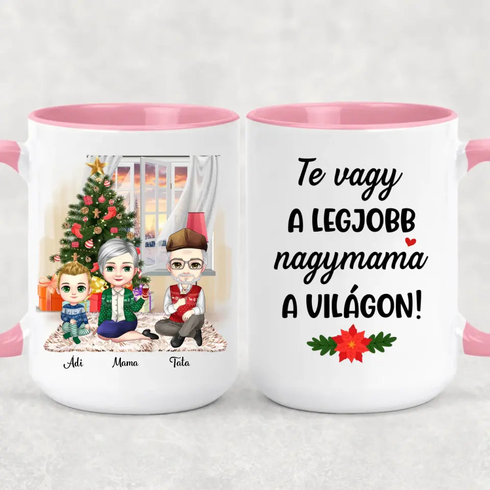 Egyedi karácsonyi bögre nagyszülőknek, chibi karakterekkel
