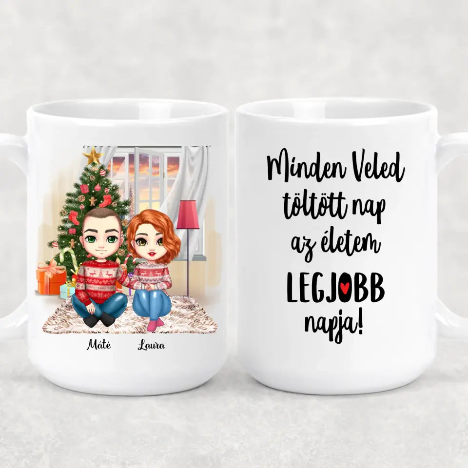 Egyedi karácsony bögre szerelmespároknak - szerelmesek a fa alatt