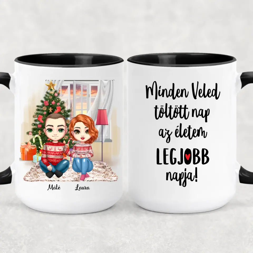 Egyedi karácsony bögre szerelmespároknak - szerelmesek a fa alatt